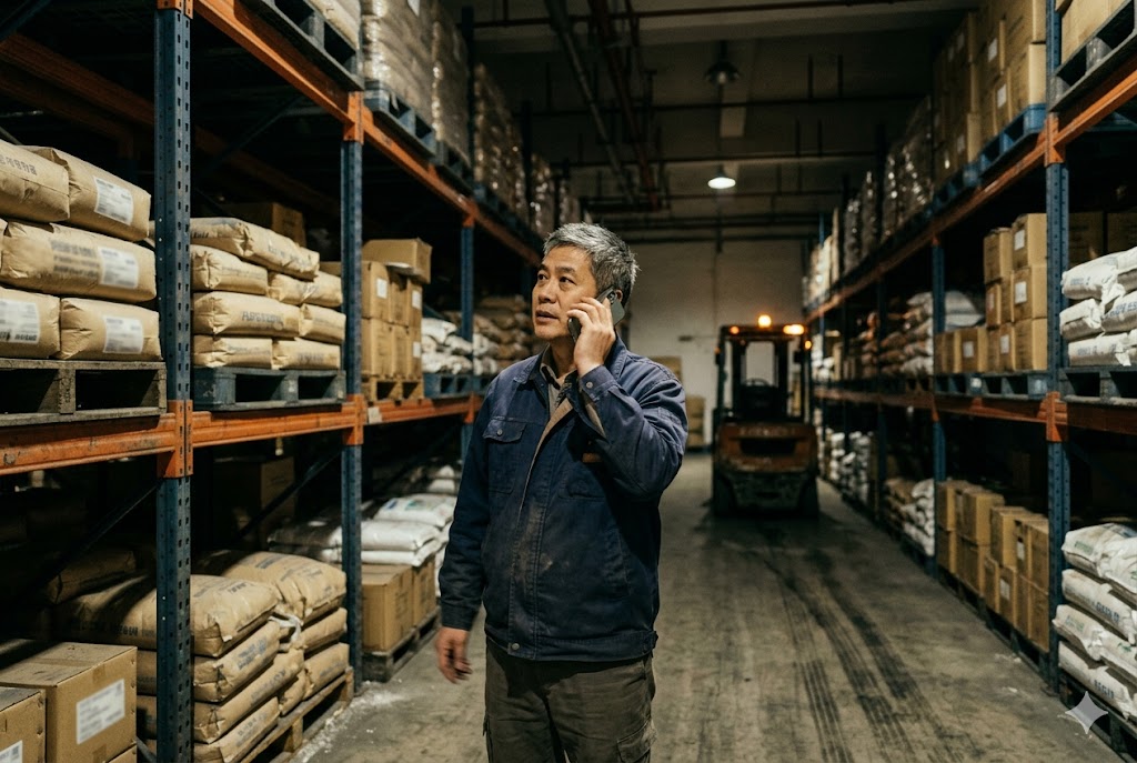 Supply Chain Coordination Supply chain manager on phone call coordinating mechanical parts logistics in warehouse (ID#3)
