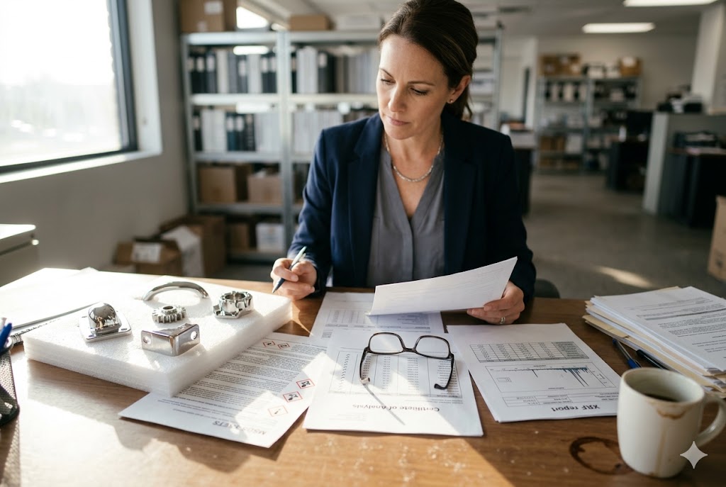 Parts Quality Report Review Purchasing manager reviewing custom mechanical parts quality reports and certificates (ID#3)