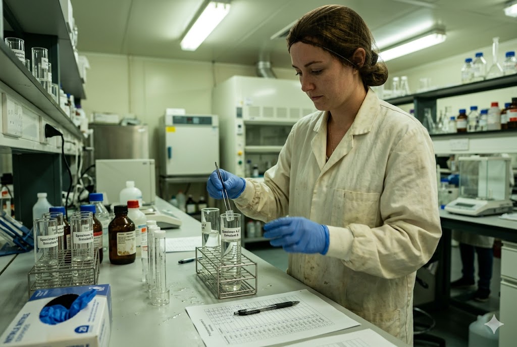 Parts Quality Lab Testing Quality control technician testing custom mechanical parts specimens in lab (ID#3)