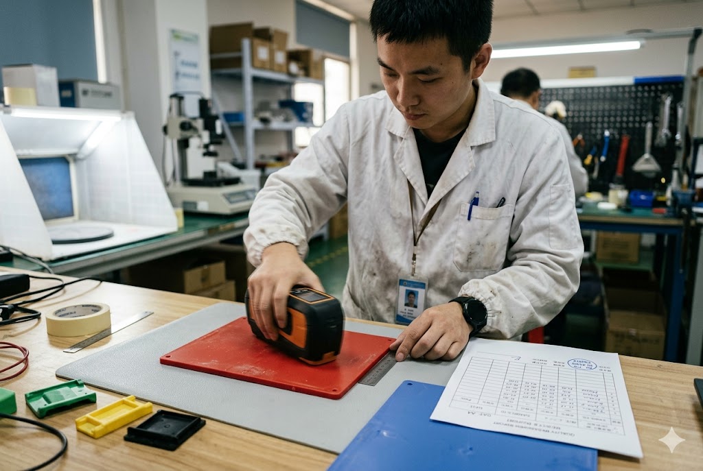 Parts Dimension Quality Check QC technician measuring custom part dimensions with handheld device in lab (ID#3)