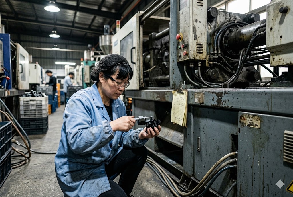 In-Process Quality Control Factory technician measuring custom mechanical part precision with micrometer on floor (ID#3)