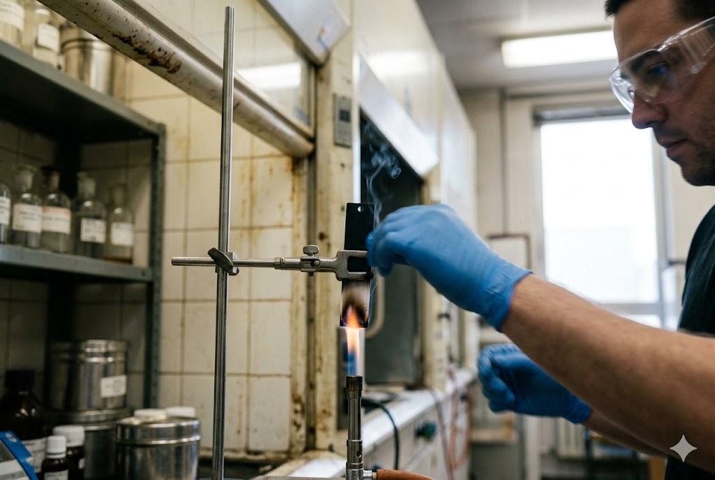 Material Testing Lab Lab technician conducting material flammability test for custom mechanical parts (ID#3)