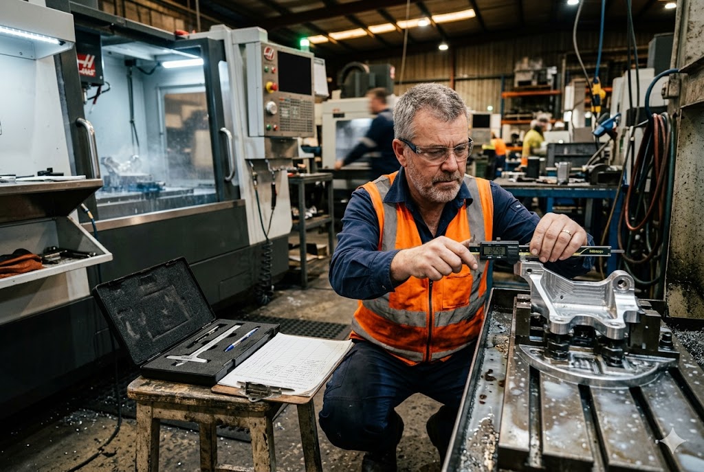 CNC Part Quality Control QC engineer measuring custom aluminum part with digital caliper at CNC facility (ID#3)