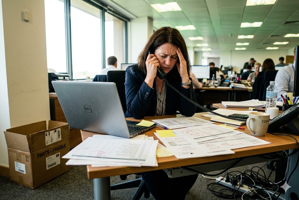 Purchasing Manager Supply Crisis Stressed purchasing manager handling supplier delay crisis on phone at office (ID#4)
