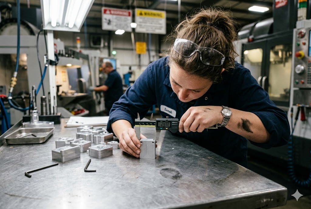 Precision Parts Quality Control Quality technician measuring custom machined aluminum parts with digital calipers (ID#4)