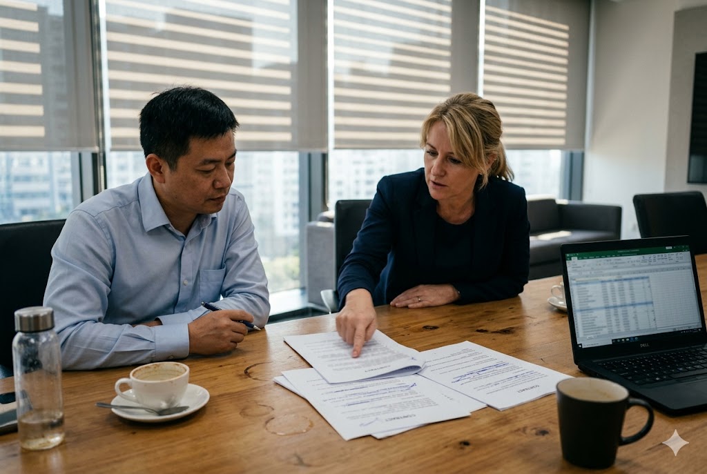B2B Supplier Meeting US buyer and Chinese supplier reviewing mechanical parts procurement contract together (ID#4)