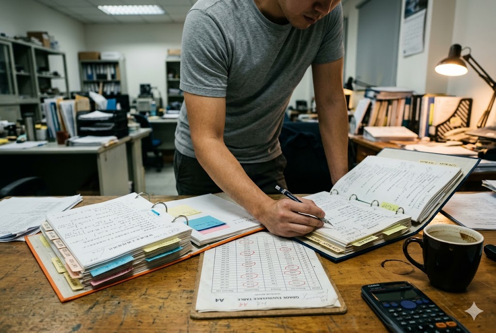 Project Manager Order Review Supply chain project manager annotating technical order documents at desk (ID#4)