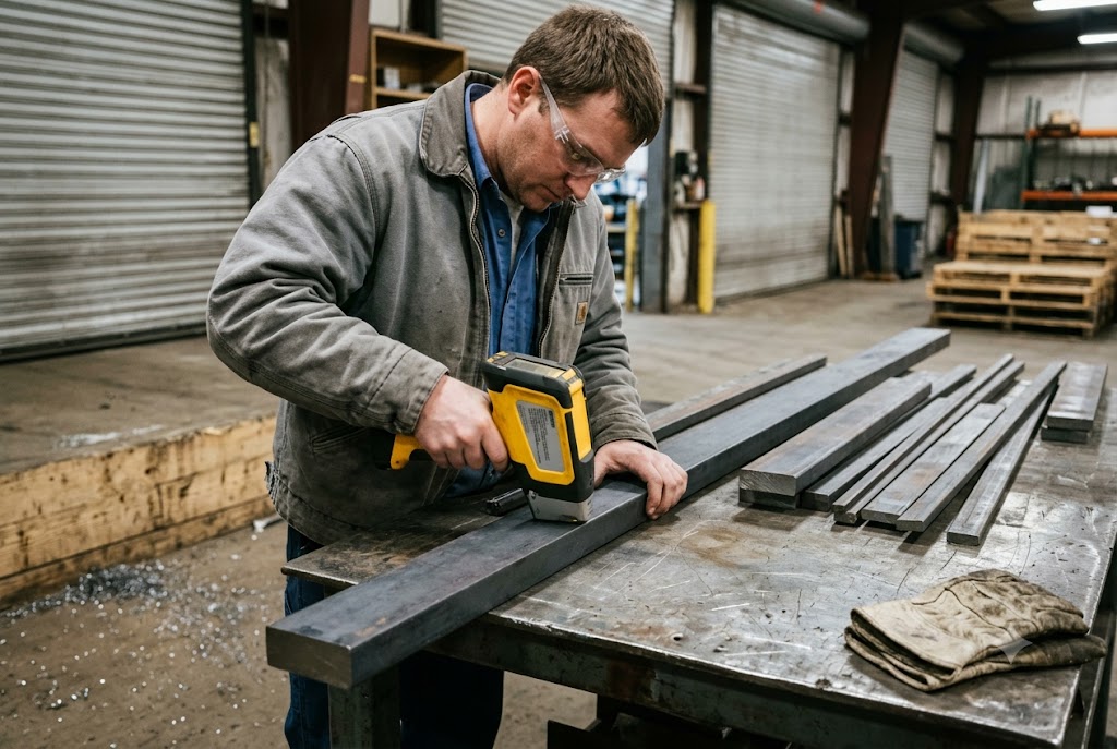 Steel Parts Quality Inspection Quality inspector scanning steel flat bars with handheld XRF analyzer in warehouse (ID#4)