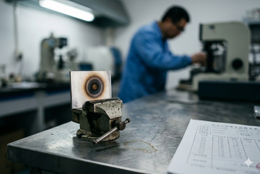 Parts Quality Lab Testing Lab technician performing metallurgical inspection on custom mechanical parts sample (ID#4)