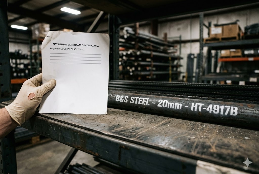 Steel Parts Compliance Cert Inspector holding compliance certificate beside labeled industrial grade steel bars (ID#4)