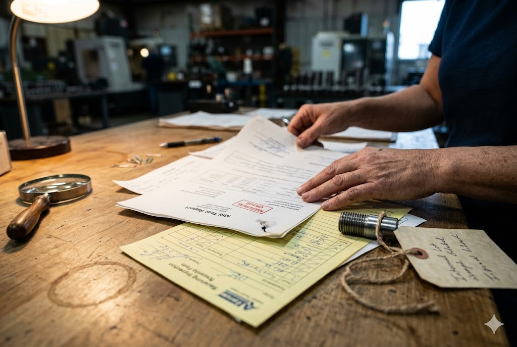Quality Inspection Report Quality inspector reviewing mill test report and custom mechanical part at workbench (ID#4)