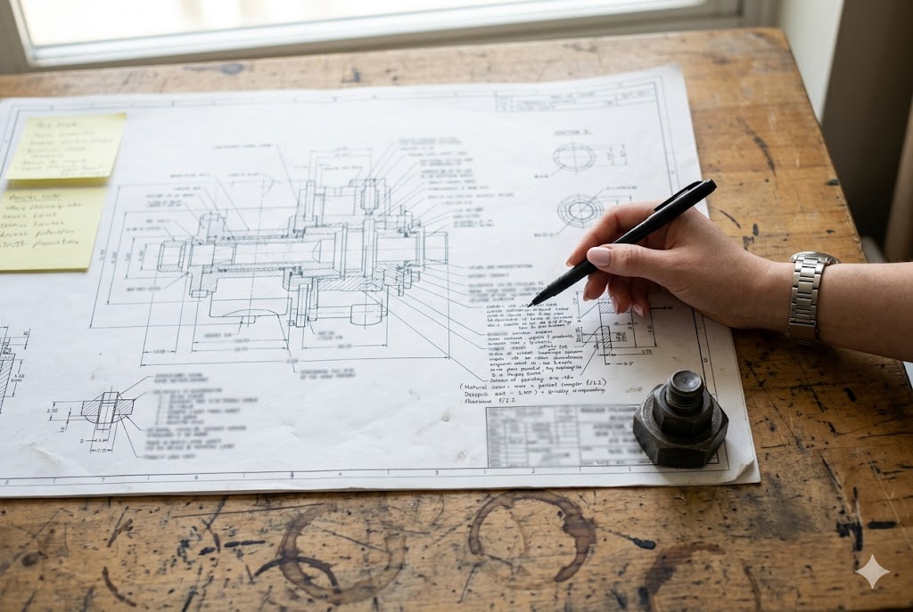 Custom Part Engineering Drawing Engineer reviewing mechanical drawing blueprint for custom part manufacturing project (ID#4)