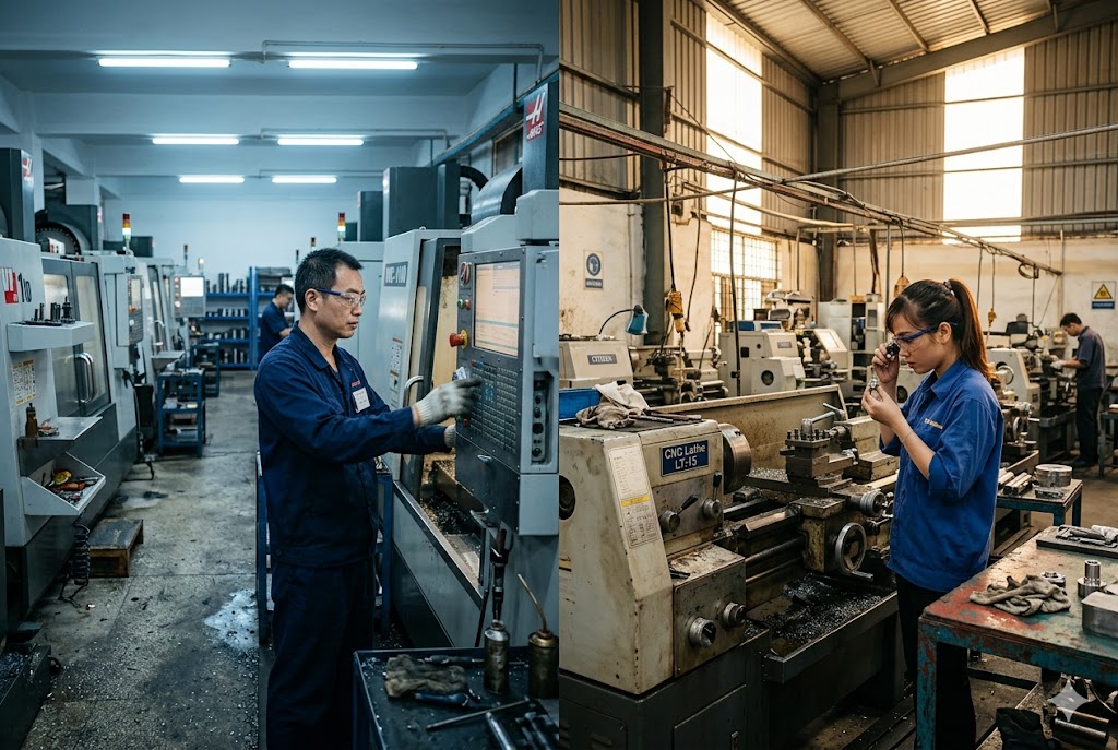CNC Factory China Vietnam China and Vietnam CNC machining operators running precision manufacturing equipment (ID#4)