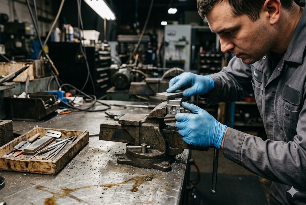 Parts Quality Inspection Workshop Technician inspecting precision custom mechanical part clamped in workshop vise (ID#4)