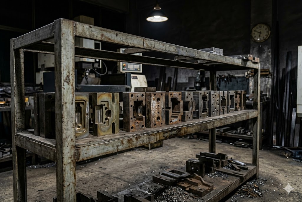 Custom Mold Manufacturing Custom steel molds for mechanical parts manufacturing on workshop shelf (ID#4)