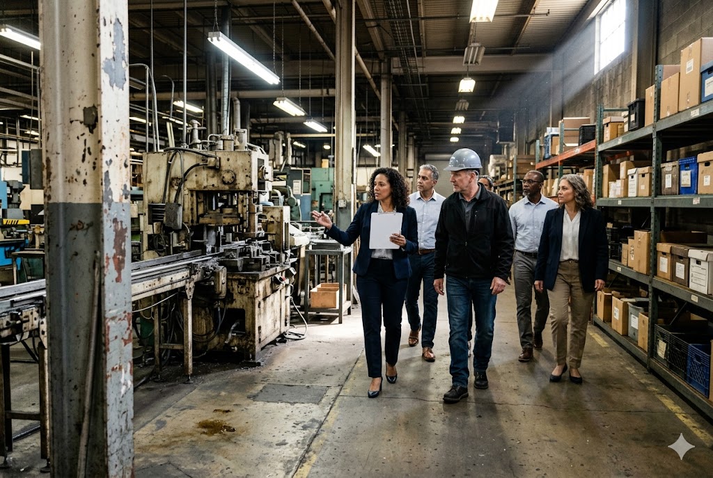 Supplier Factory Audit Visit Factory audit team touring mechanical parts manufacturing warehouse facility (ID#4)