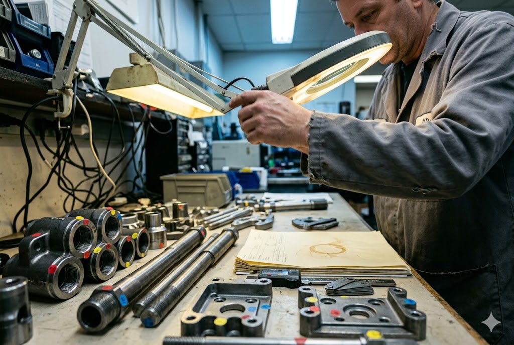 Precision Parts Quality Check Skilled technician inspecting precision machined metal parts under magnifying lamp (ID#4)