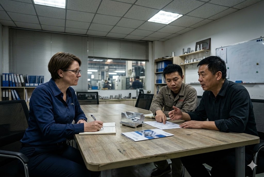 China Factory Audit Visit Luckym supplier audit meeting reviewing custom mechanical parts with factory team (ID#4)