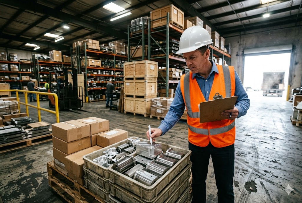 Parts Pre-Shipment Inspection Warehouse inspector checking custom machined metal parts shipment before export (ID#4)