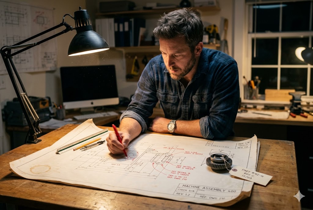 Custom Engineering Design Process Engineer drafting mechanical part design on blueprint at desk (ID#4)