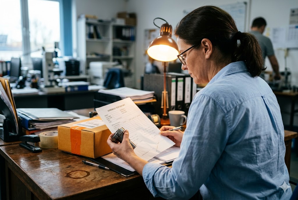 Pre-Shipment Quality Inspection Purchasing staff reviewing inspection report before shipment packaging (ID#4)