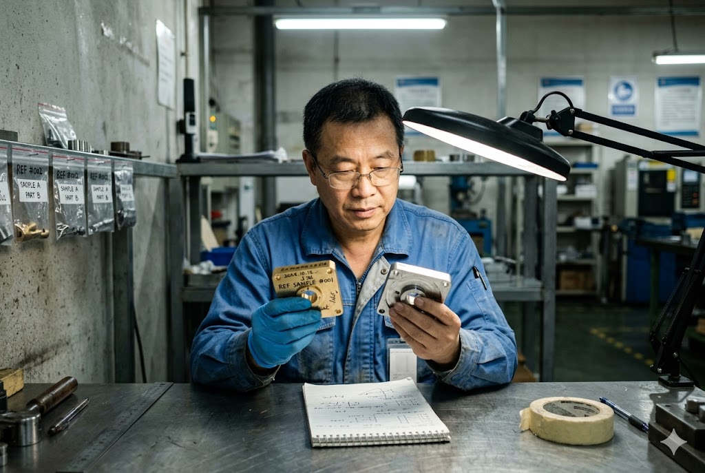 Sample Parts Quality Control Quality engineer comparing brass reference sample with custom machined part (ID#4)