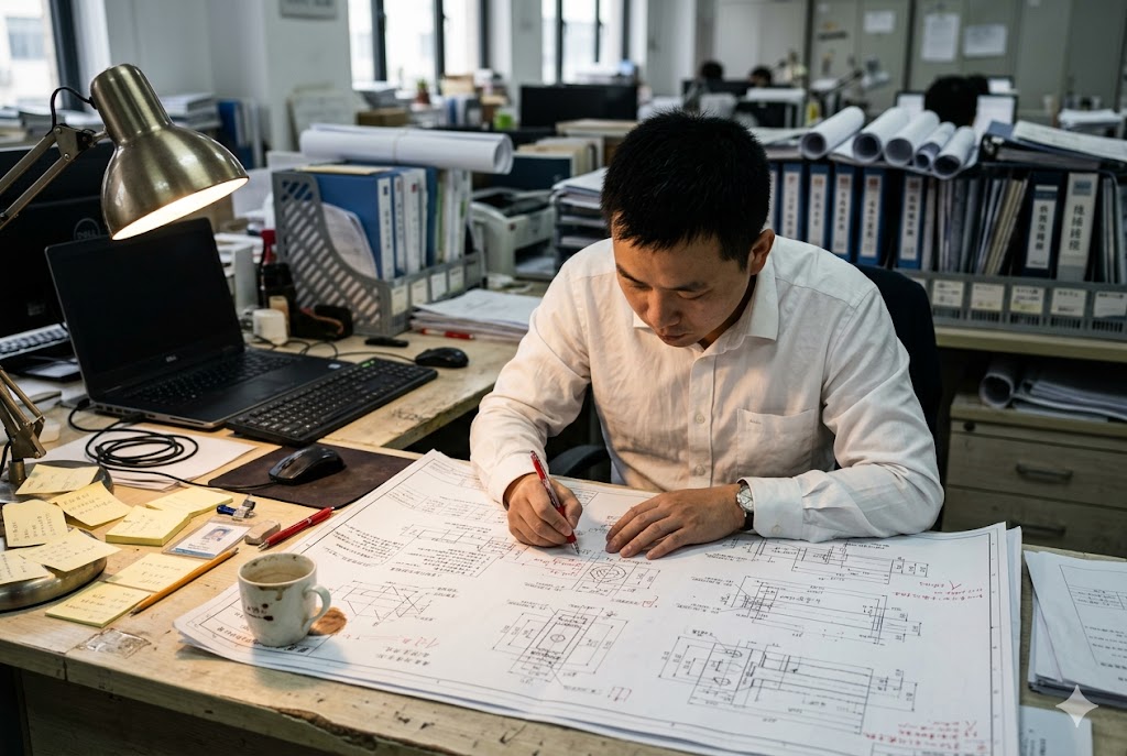 Engineering Drawing Review Engineer reviewing custom mechanical part drawings at office desk (ID#4)