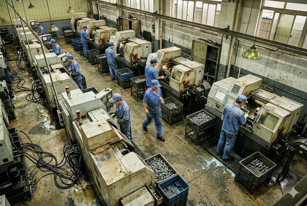 CNC Production Line CNC machining workshop with workers producing custom mechanical parts (ID#4)