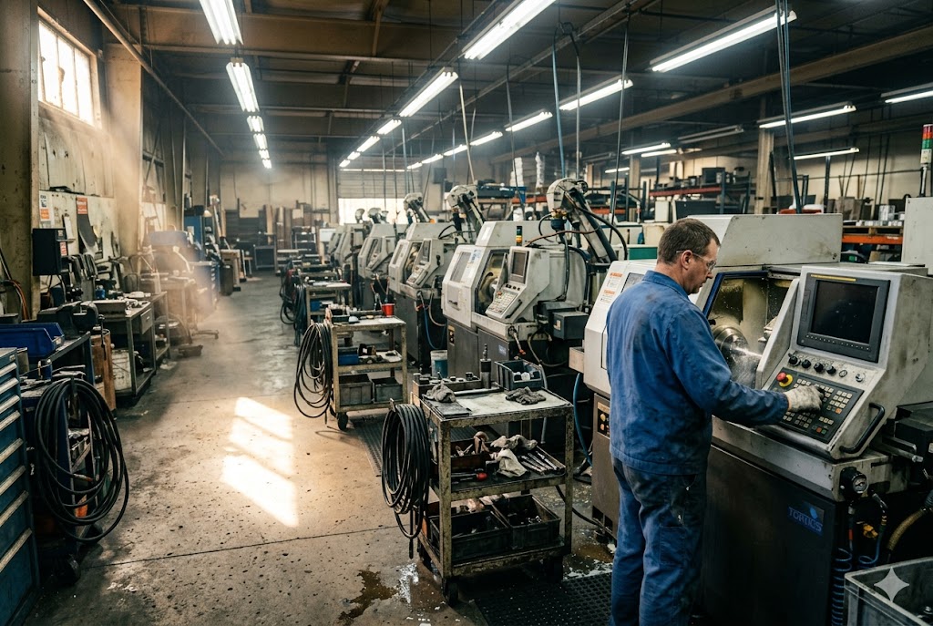 CNC Machining Production Floor CNC machine shop floor with operator running precision lathes for custom parts (ID#4)