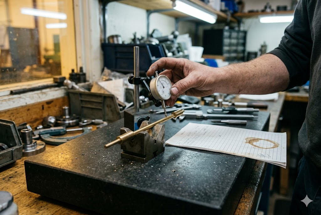 Shaft Tolerance Quality Check Technician using dial indicator to verify machined shaft tolerance (ID#4)