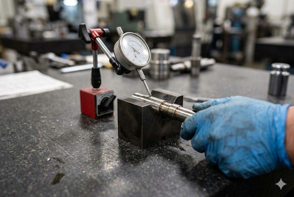 Precision Parts Quality Control Quality inspector measuring machined shaft tolerance dial gauge precision (ID#4)