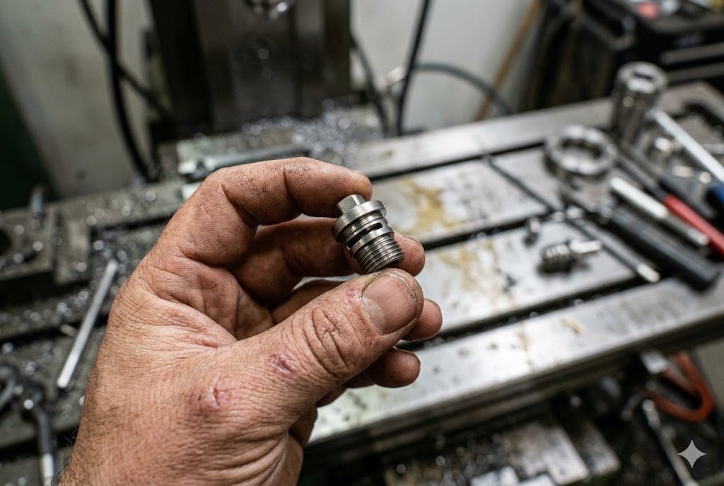 Precision Machined Part Machinist holding precision CNC-turned stainless steel threaded fitting (ID#4)