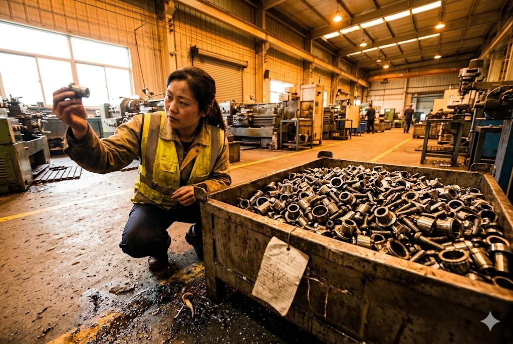 China Factory Inspection Quality inspector examining custom machined metal parts in China manufacturing facility (ID#4)