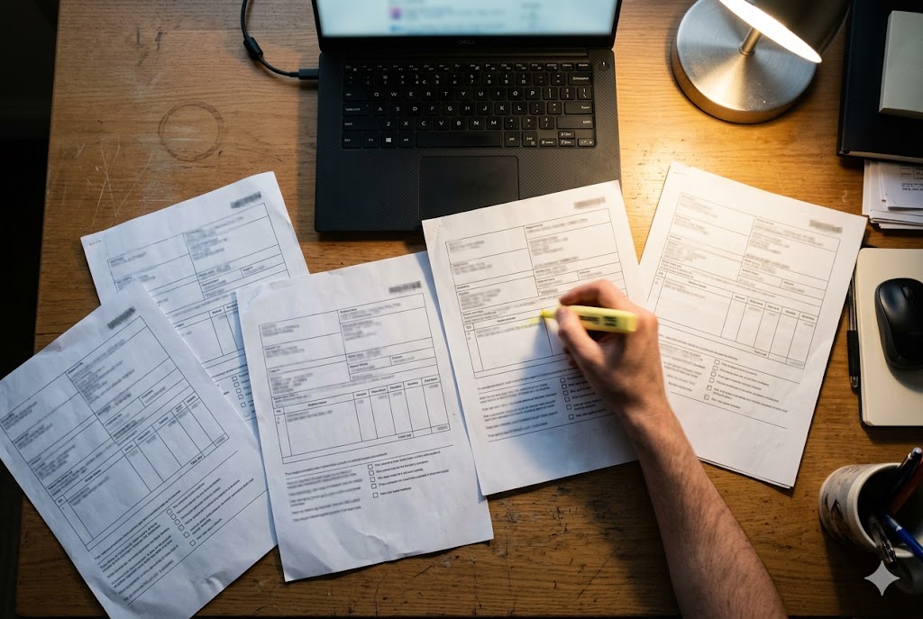 Supplier Quote Review Purchasing manager highlighting supplier quotations and order documents under lamp (ID#4)