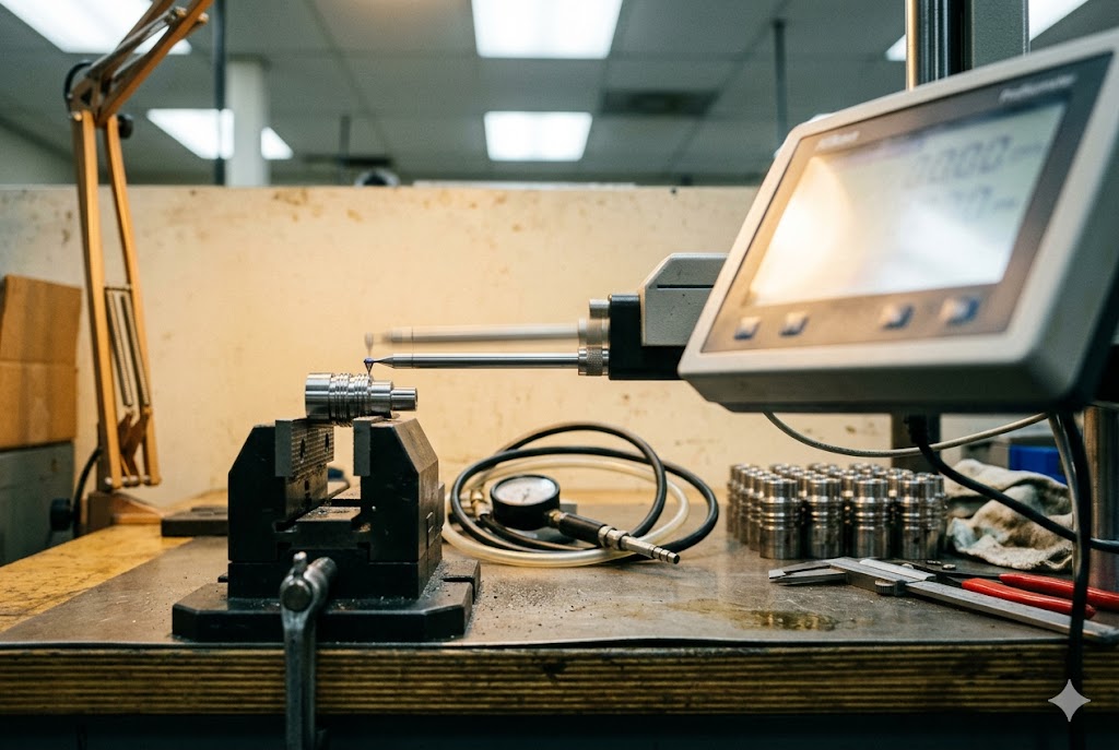 Precision Dimensional Inspection CMM probe measuring custom precision machined metal component on workbench (ID#4)