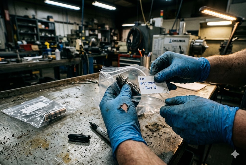 Parts Lot Inspection Labeling Technician labeling inspected custom mechanical parts lot in sealed bag factory (ID#4)