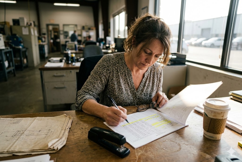 Sourcing Manager Reviews Orders Purchasing manager annotating order tracking spreadsheet in industrial warehouse office (ID#4)