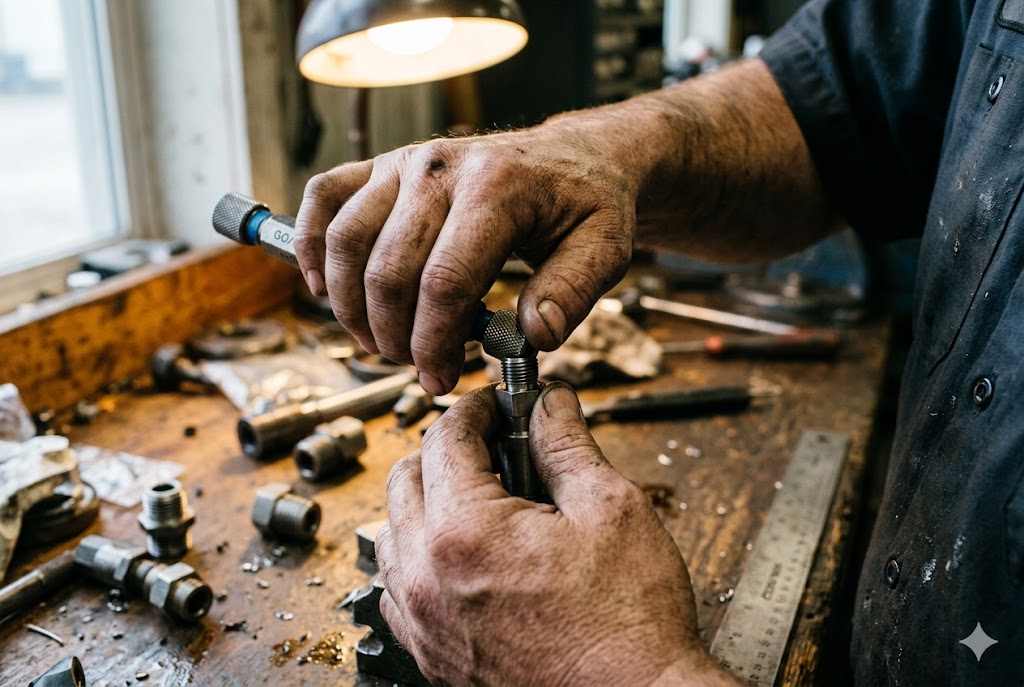 Precision Parts Assembly Skilled machinist assembling precision custom mechanical parts in workshop (ID#4)