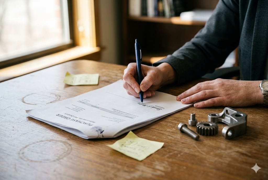 Custom Parts Purchase Order Buyer signing purchase order for custom machined mechanical parts and components (ID#4)
