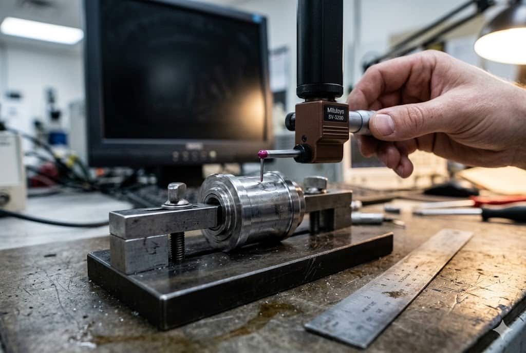 Dimensional Inspection Precision Parts Mitutoyo probe measuring custom machined metal shaft component tolerance (ID#4)