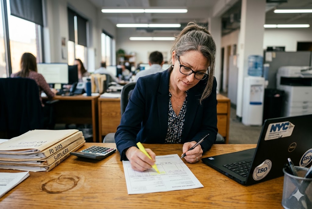 Purchasing Manager Review Purchasing manager highlighting supplier commercial invoice at office desk (ID#4)