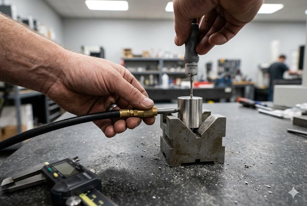 Precision Dimensional Inspection Technician measuring machined cylindrical component dimensions with calibrated tools for quality control (ID#4)