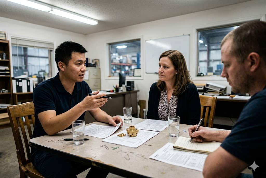 Client Sourcing Consultation Sourcing team discussing custom mechanical parts project with client (ID#4)