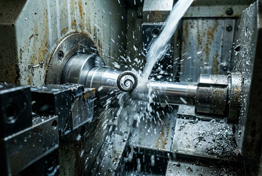 CNC Precision Shaft Machining CNC lathe machining steel shaft with coolant spray in precision factory (ID#4)
