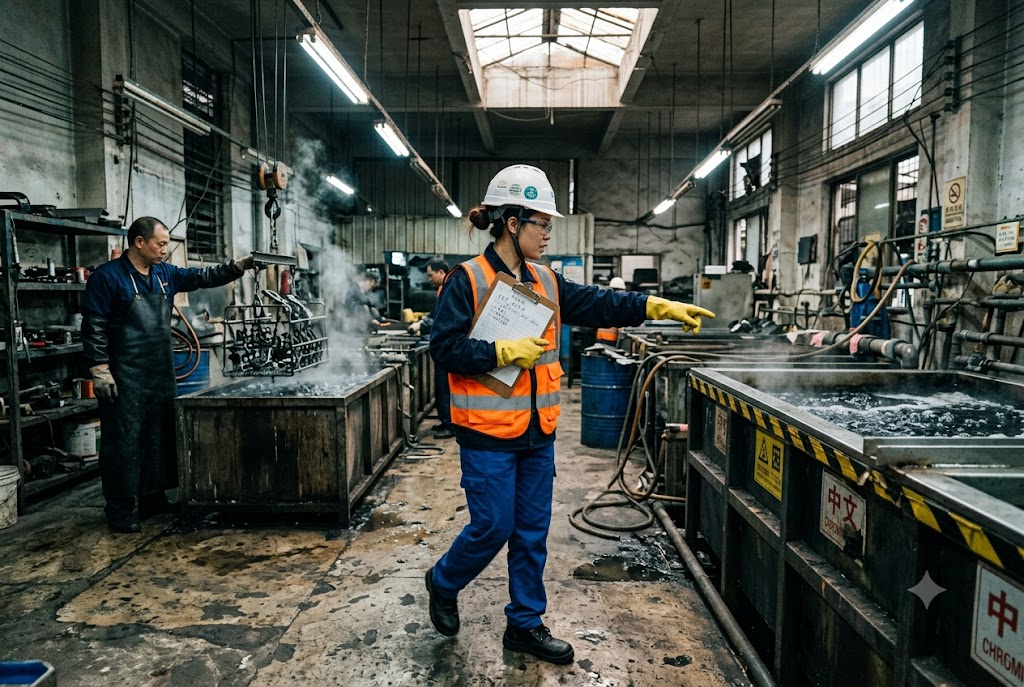 Factory Quality Control Quality inspector overseeing in-production process control at China manufacturing facility (ID#4)