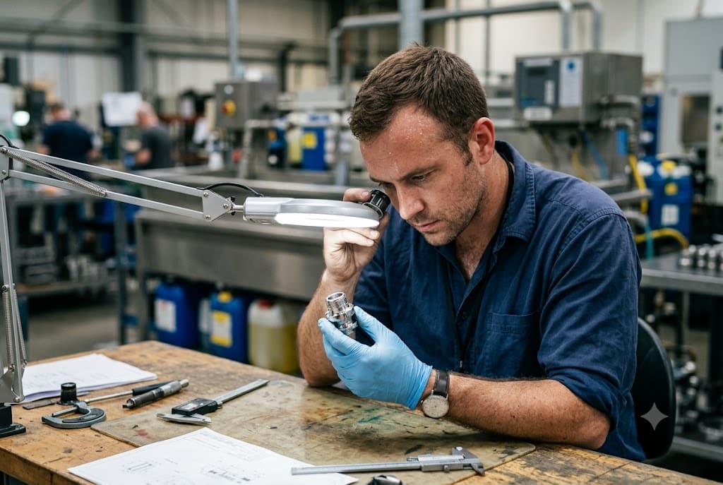 Precision Component Inspection Technician inspecting precision machined component under magnifying lamp (ID#4)