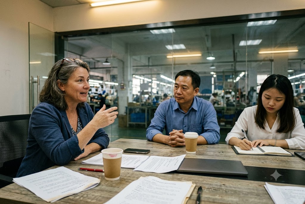 Supplier Factory Audit Meeting US buyer and Chinese supplier discussing custom mechanical parts sourcing (ID#4)