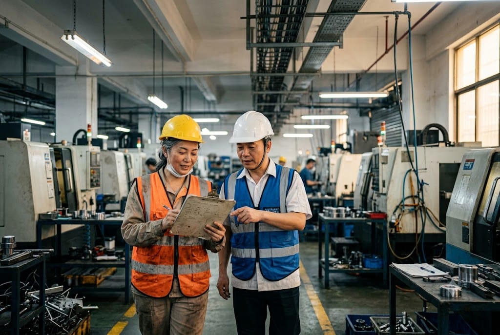 Factory Quality Inspection Team Quality control inspectors reviewing production checklist in custom parts factory (ID#4)