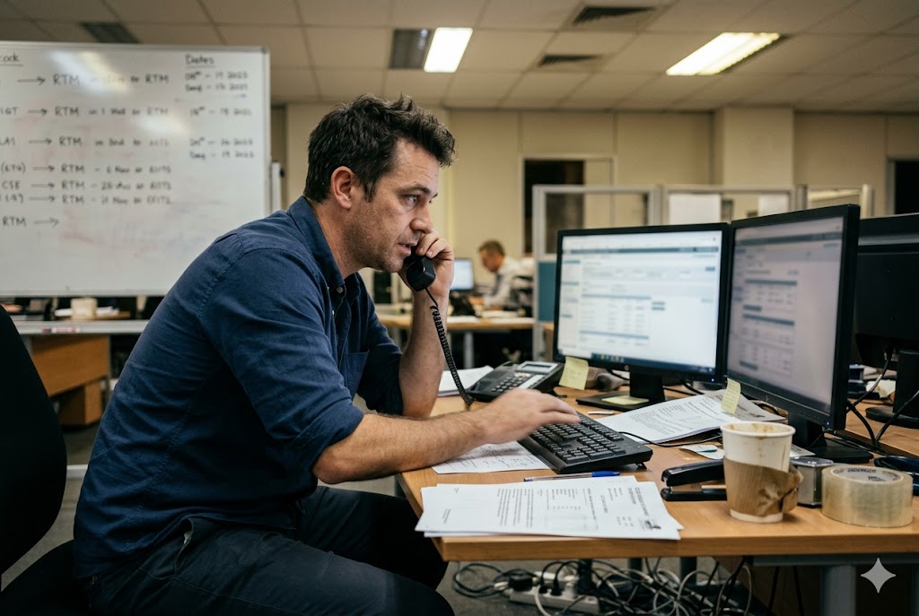 Parts Order Project Management Supply chain project manager on phone coordinating custom parts order delivery (ID#4)