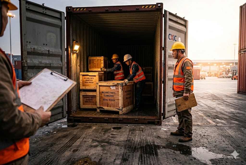 China Export Container Loading Workers loading crated machined parts from Guangzhou into shipping container (ID#4)